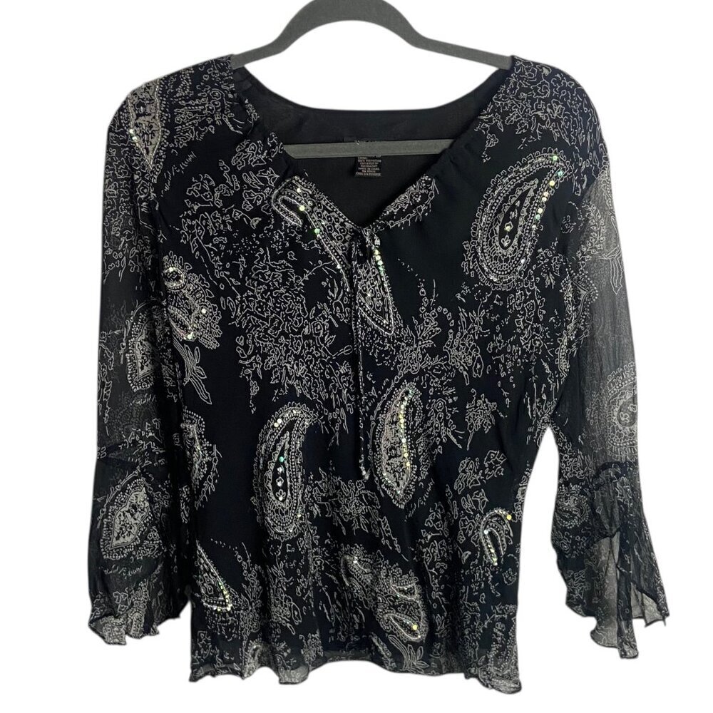 Vintage Anne Carson Size M Silk Black Paisley Sequin Flare Sleeve Fairy Sheer